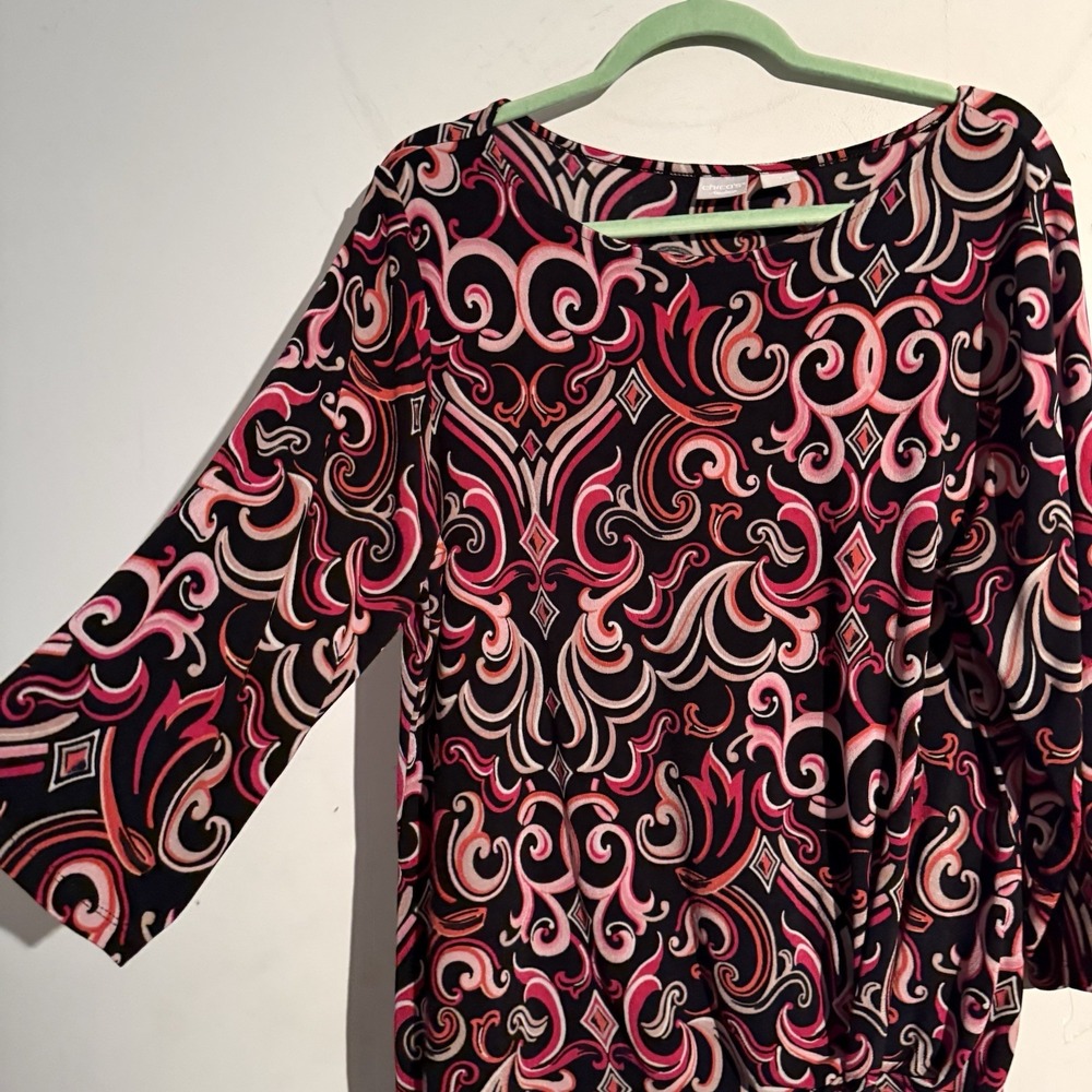 Chicos Travelers Size 3/16 Top Slinky Stretchy Travel Resort Tropical 3/4 Sleeve - Picture 2 of 4